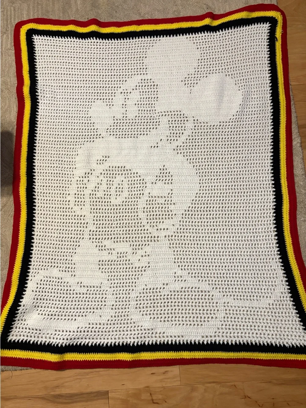 Vintage Handmade Disney Mickey Mouse Filet Crochet Afghan Blanket 52” x 42”